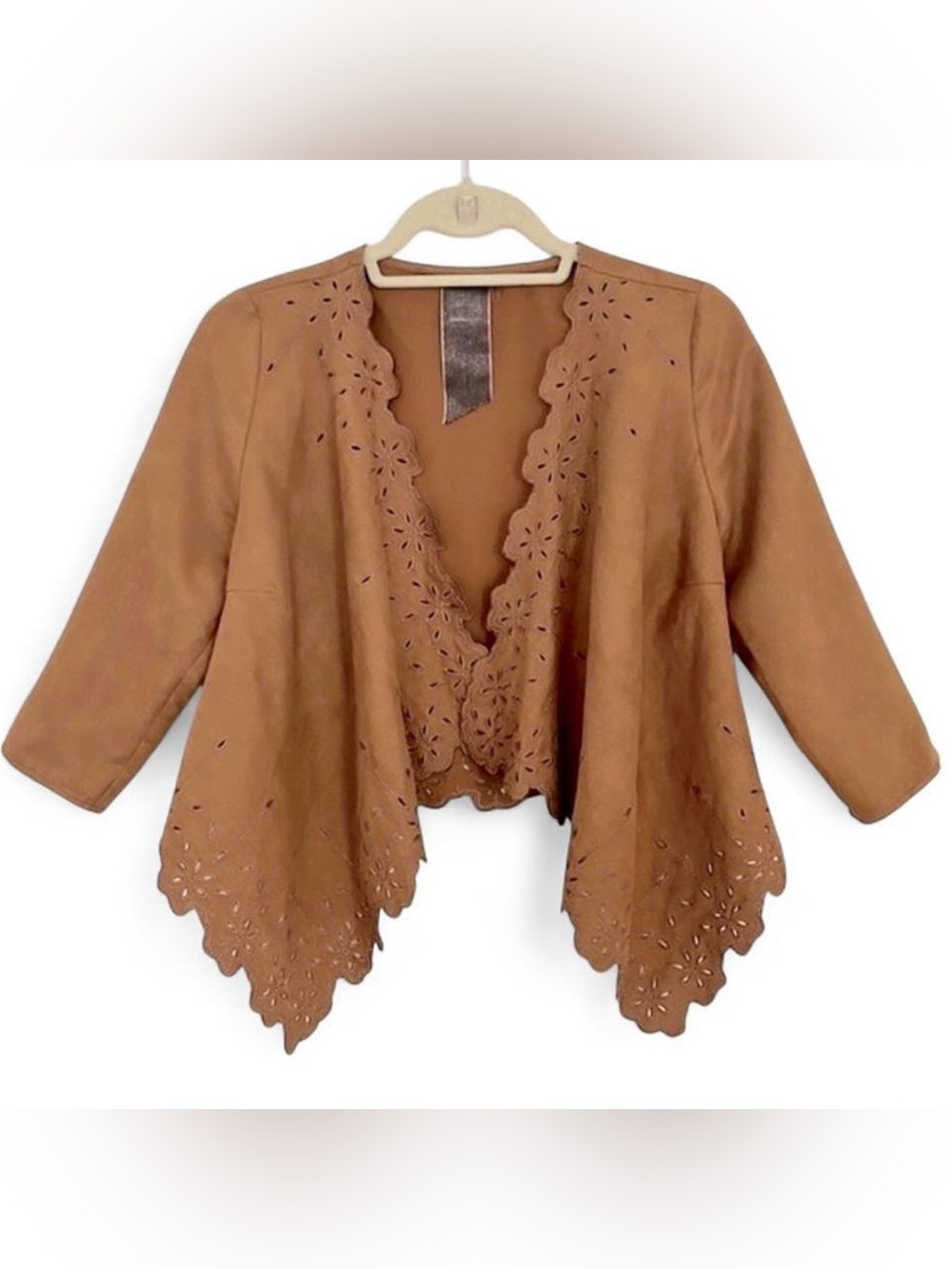 MOON COLLECTION LA Faux-Suede Boho Jacket w. Eyelet Cutouts | S | Camel